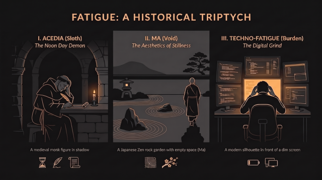 Editorial triptych illustration showing three historical perspectives on fatigue: medieval acedia, Japanese concept of Ma, and modern digital burnout.