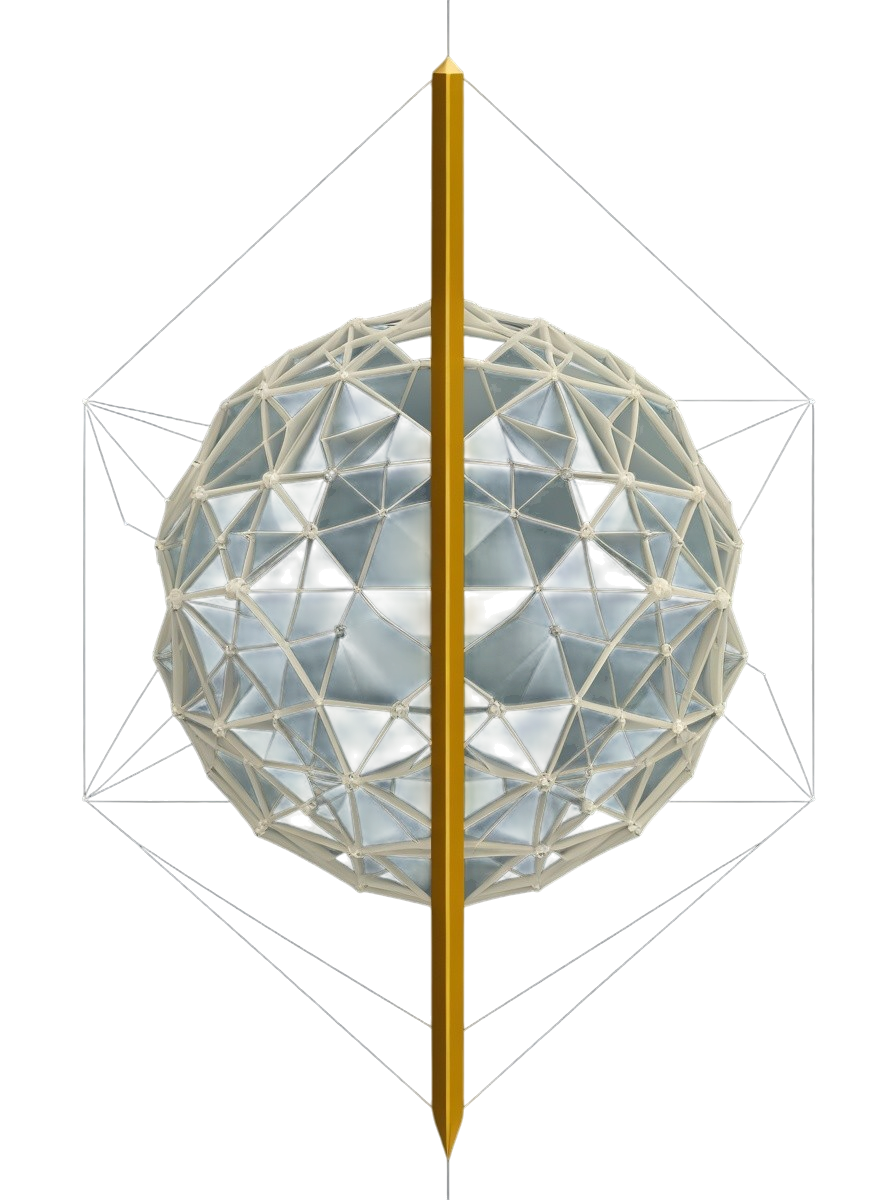 A geodesic sphere pierced through the centre by a single straight gold rod