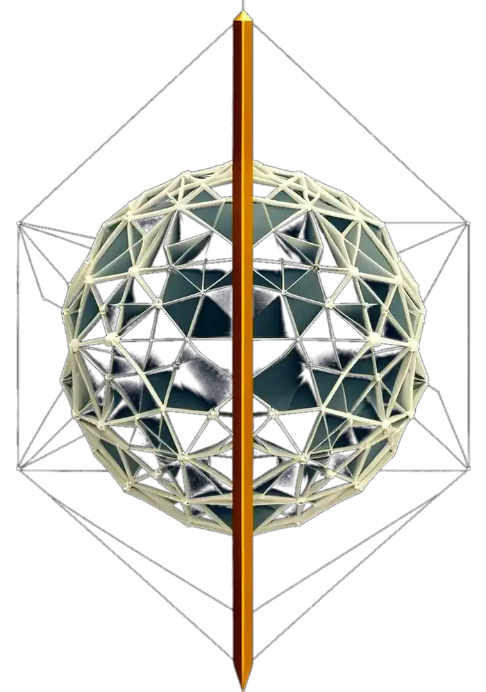 A geodesic sphere pierced through the centre by a single straight gold rod
