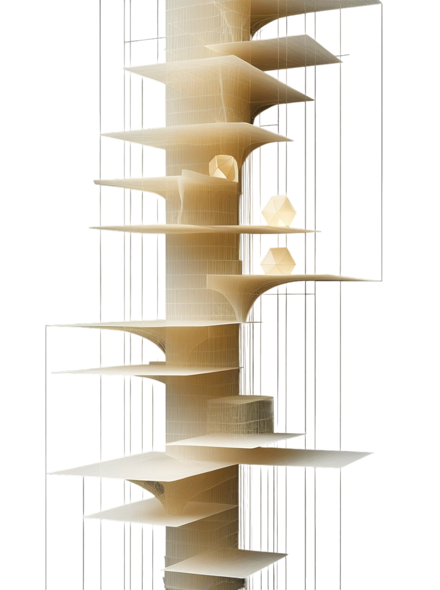 A tall column of stacked translucent plates rising through a fine vertical lattice, small lit polyhedra resting on the upper layers