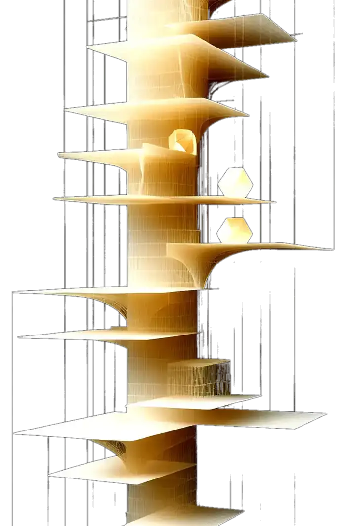 A tall column of stacked translucent plates rising through a fine vertical lattice, small lit polyhedra resting on the upper layers