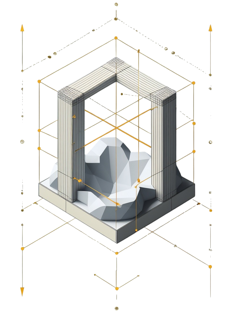 An irregular white mass sitting under a gridded portal frame, gold measurement lines running through it in three axes