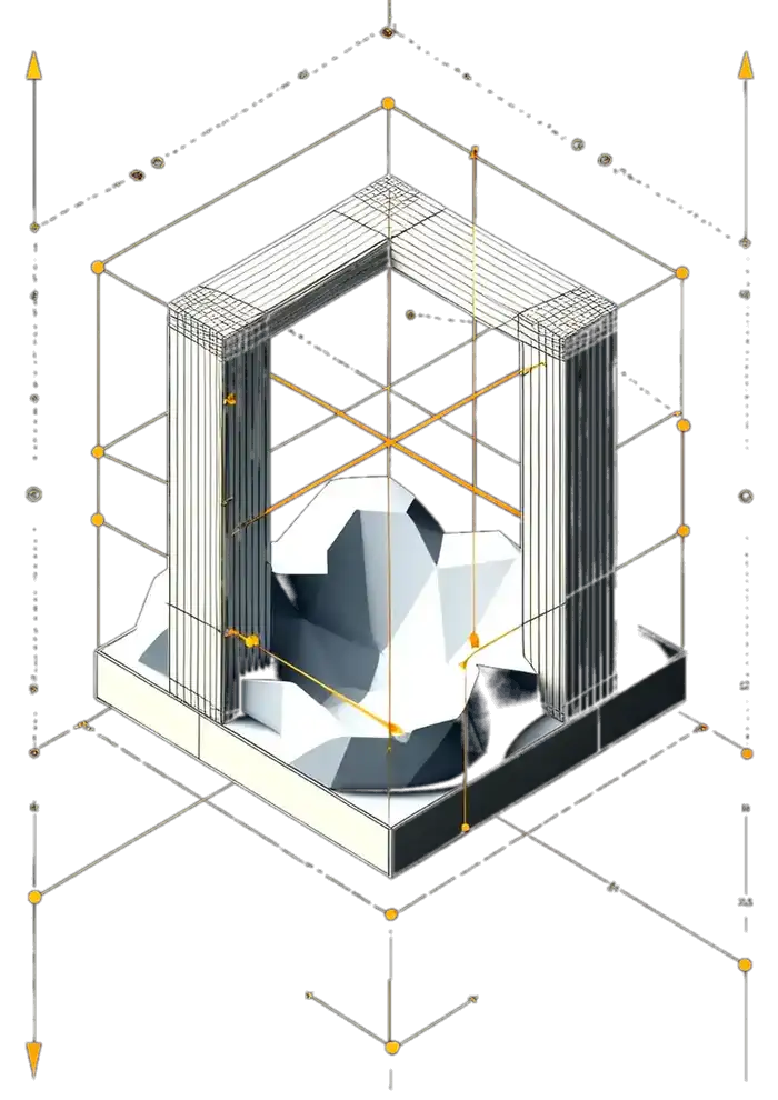 An irregular white mass sitting under a gridded portal frame, gold measurement lines running through it in three axes