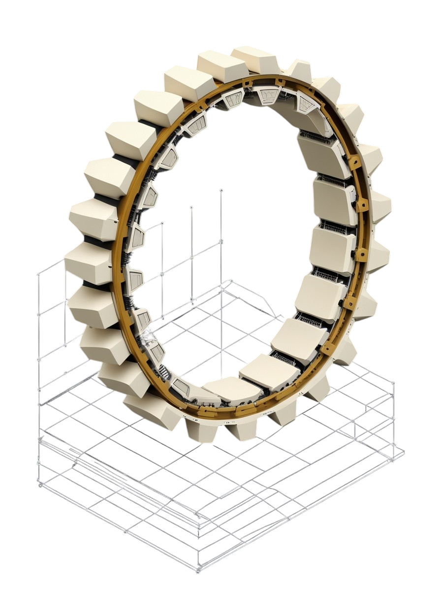 A toothed ring standing on a fine wireframe base, cream blocks set around a gold rim