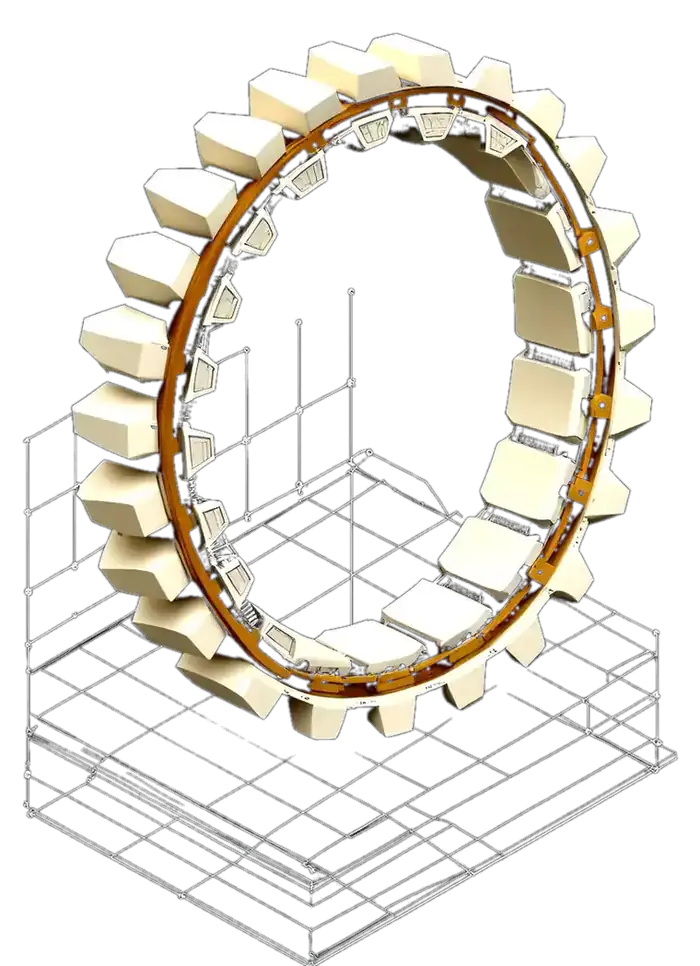 A toothed ring standing on a fine wireframe base, cream blocks set around a gold rim