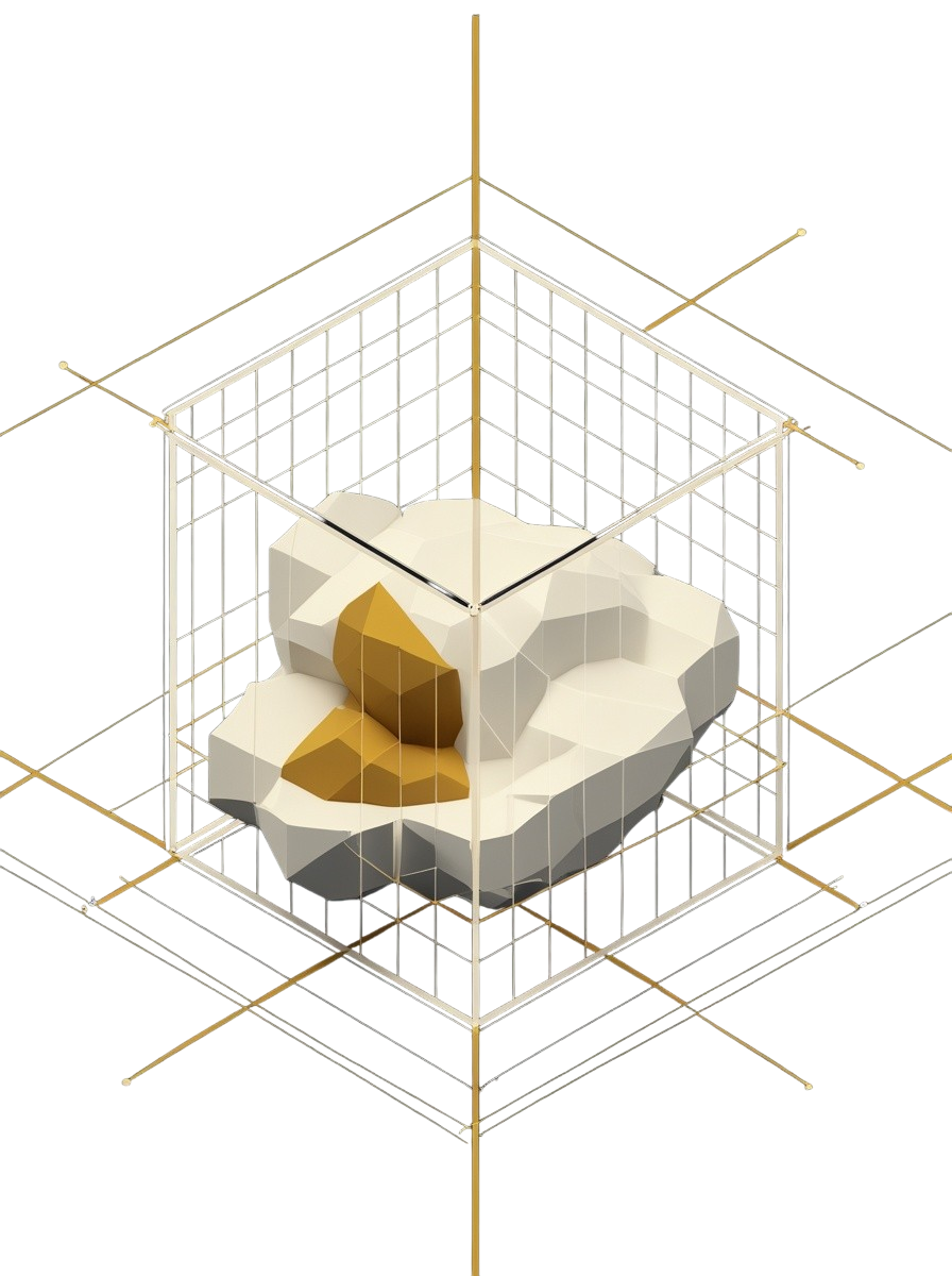 An amorphous white mass held inside a precise wireframe cube with a gold axis through it