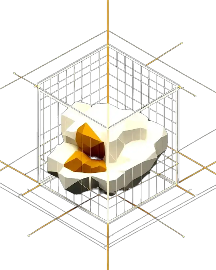 An amorphous white mass held inside a precise wireframe cube with a gold axis through it