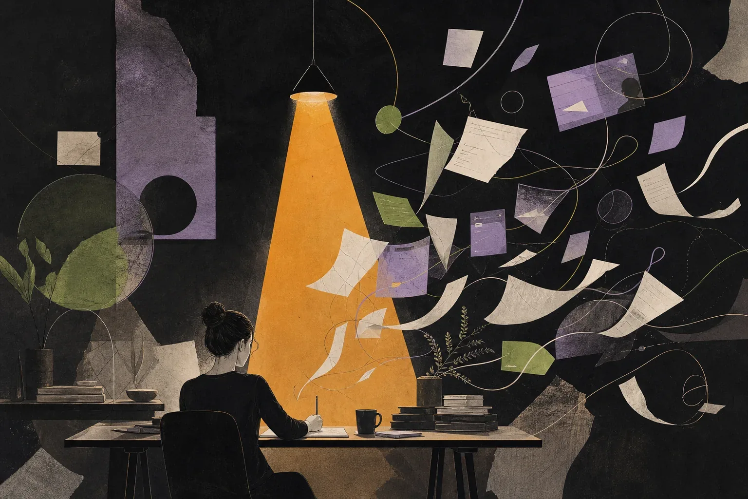 Editorial collage of a focused workspace disrupted by unfinished tasks