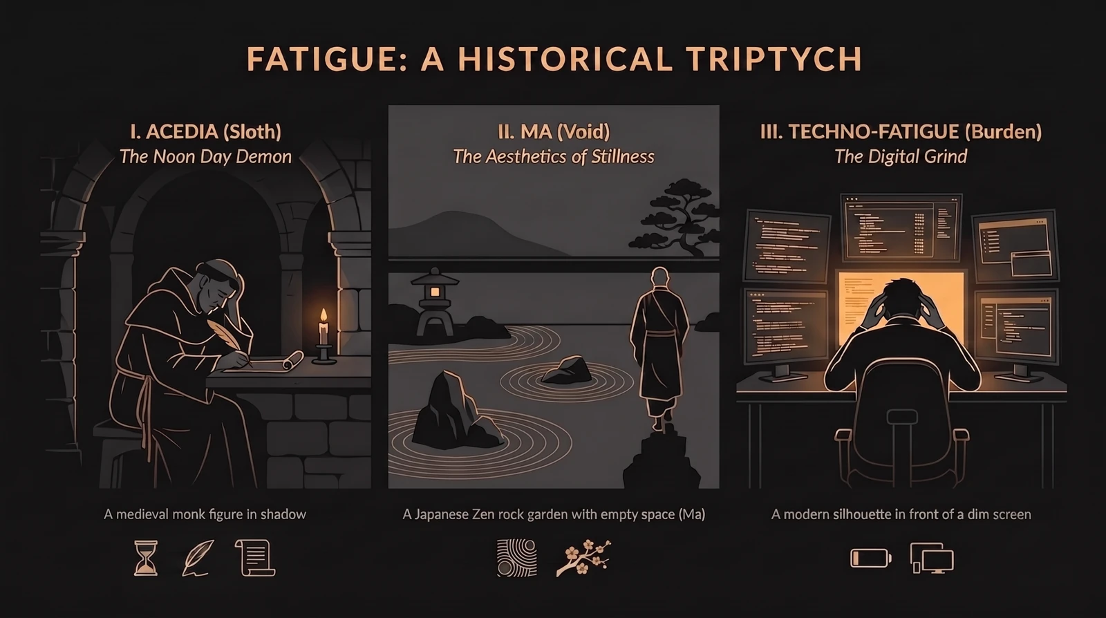 Editorial triptych illustration showing three historical perspectives on fatigue: medieval acedia, Japanese concept of Ma, and modern digital burnout.