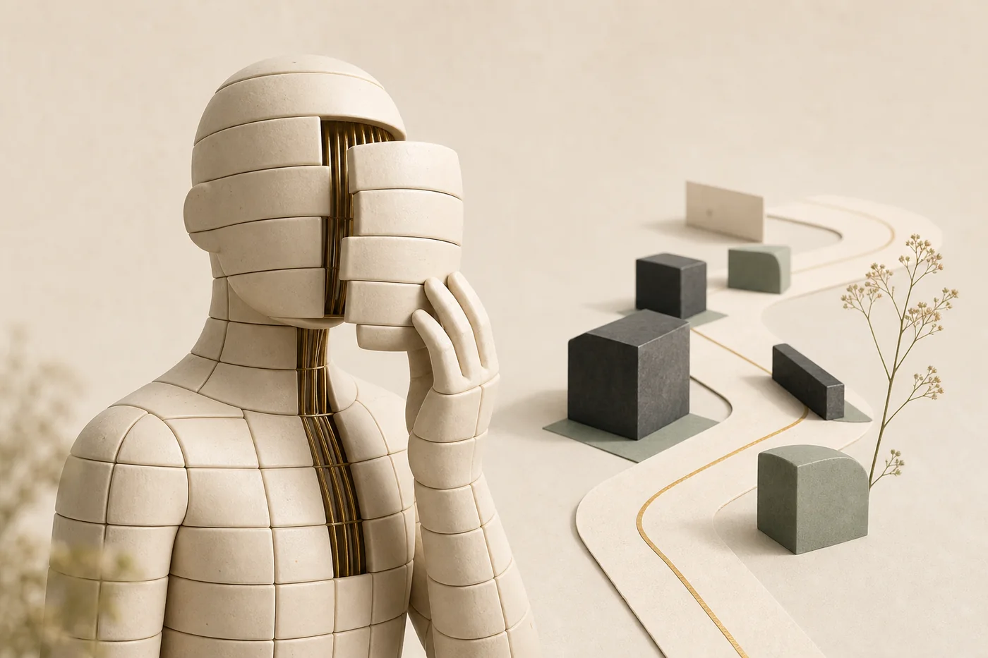 A modular figure removes part of a mask beside a path that bends around changing obstacles