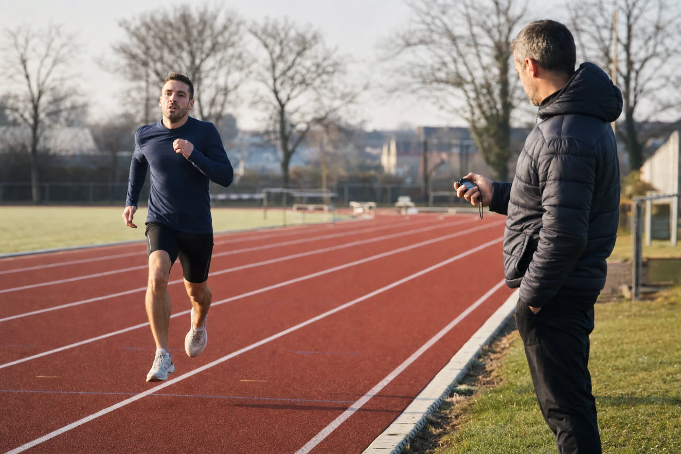 A runner completes a track interval while a coach times the repetition from beside the track